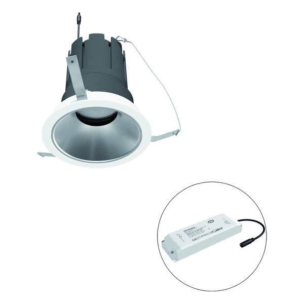 Einbau-LED-Spot und Netzteil. Der weiße Spot hat eine runde Form und wird mit einem Kabel verbunden. Das Netzteil ist rechteckig.