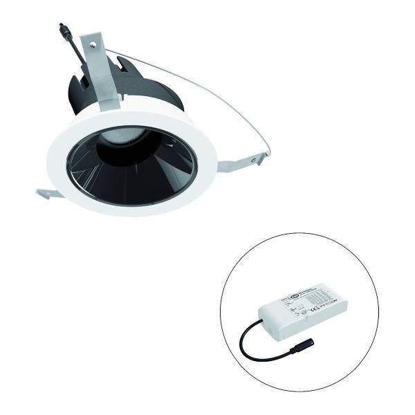 Ein schwarzer Einbauspot mit rundem weißen Rahmen und dazugehörigem weißem Transformator mit Kabel.