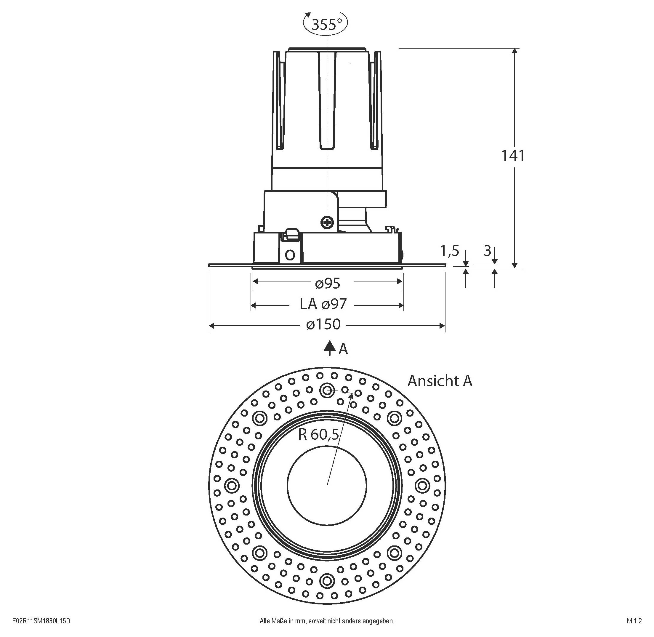 Technische Maßstabszeichnung eines runden mechanischen Bauteils, die Seiten- und Draufsichten mit Maßangaben zeigt, einschließlich 355° Drehung, Höhe 141 und Durchmesser ø95, LA ø97 und ø150.