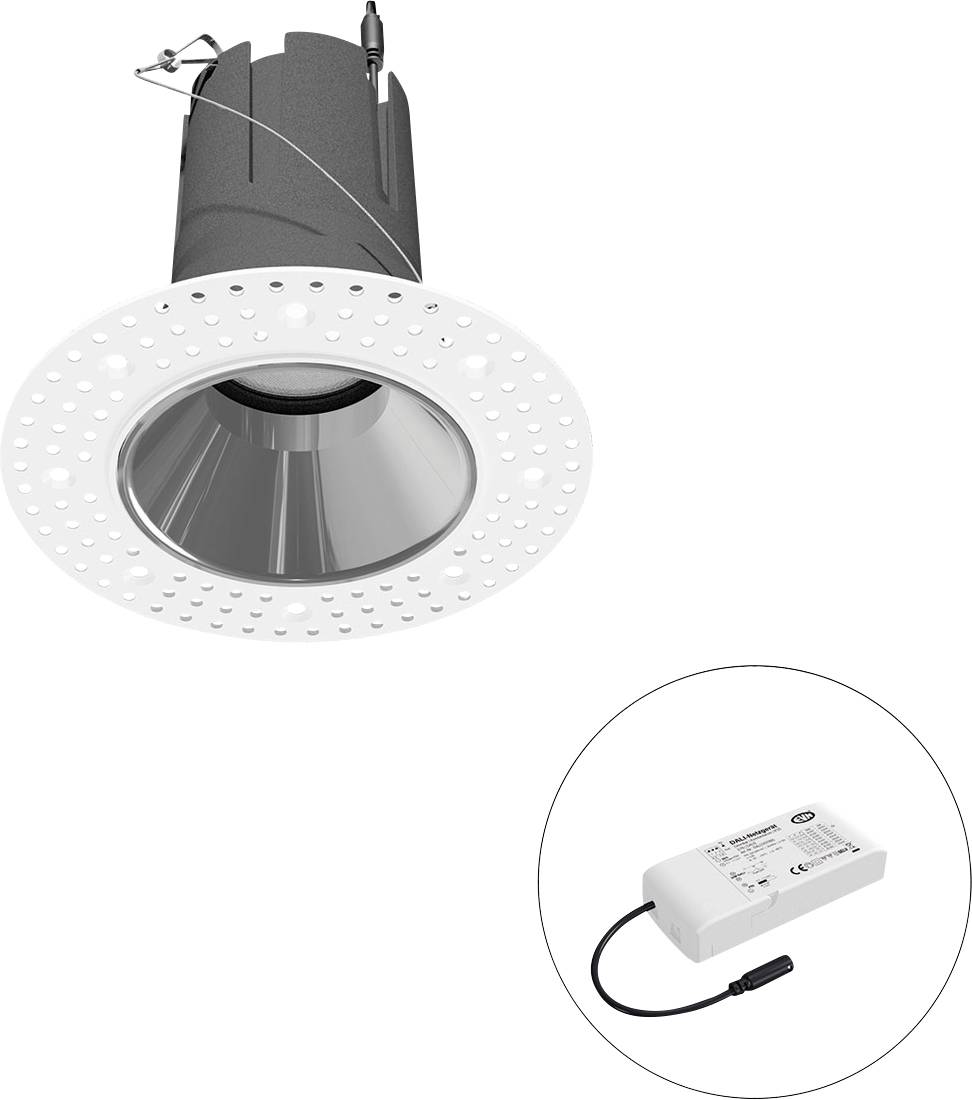 Eingelassene LED-Einbauleuchte mit weißem gelochtem Rahmen, dargestellt mit separatem Treibermodul in einem eingefügten Kreis.