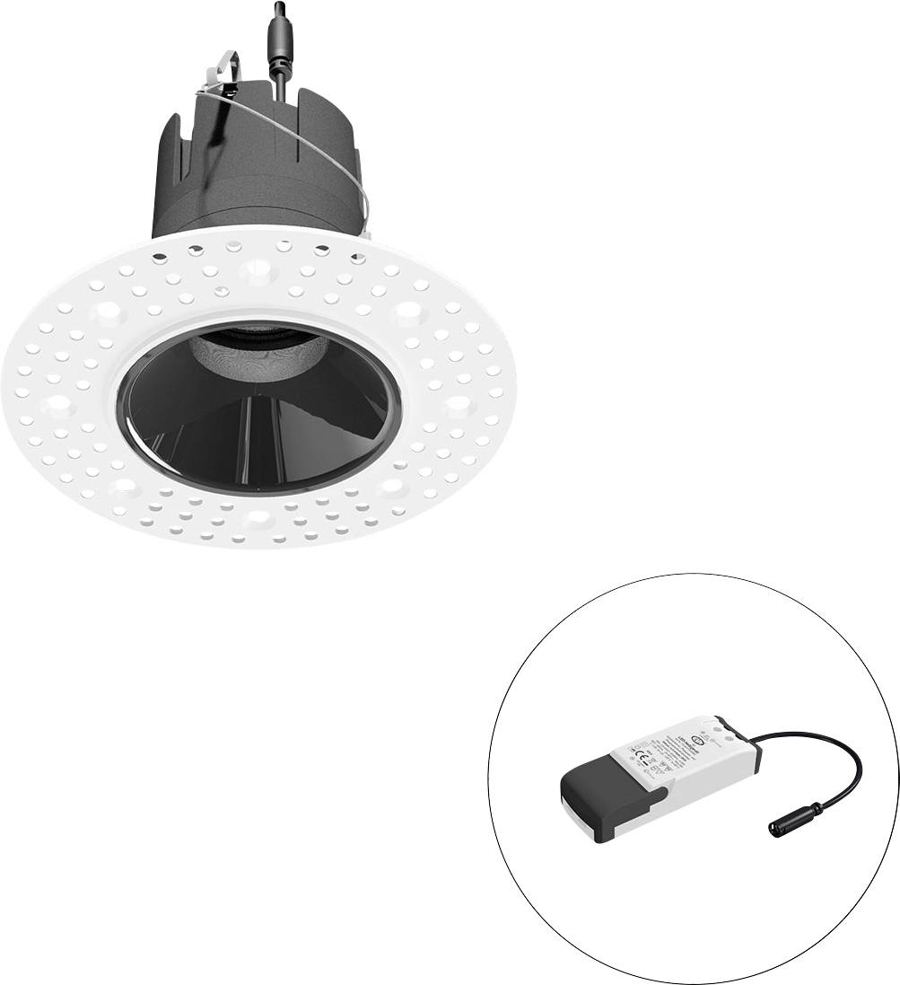 LED-Einbauleuchte mit weißem perforiertem Dekorring, plus separates Treibermodul in einem Kreis dargestellt.