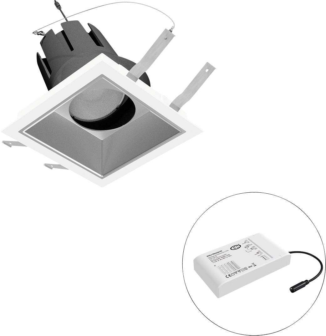 Quadratische Einbauleuchte in der Decke mit einer schwarzen kreisförmigen Leuchte in einer weißen Zierleiste; die Vergrößerung zeigt eine separate LED-Treiberplatine mit Steckverbinder.