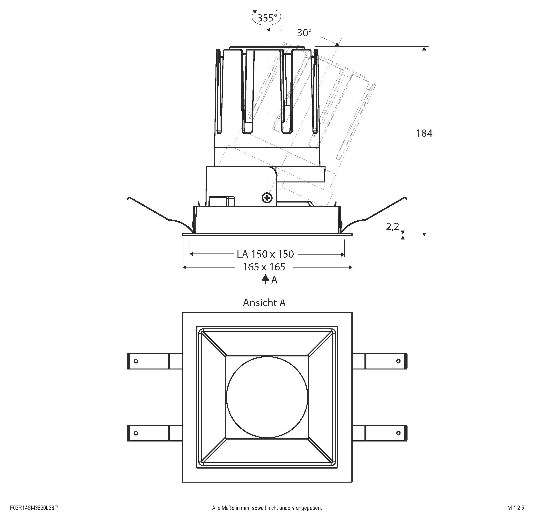 Technische Zeichnung einer quadratischen Lüftungs- oder Lüfteranordnung mit Seiten- und Draufsichten, die Rotationswinkel, Abmessungen 150 x 150 und 165 x 165 sowie eine Höhe von 184 zeigen.