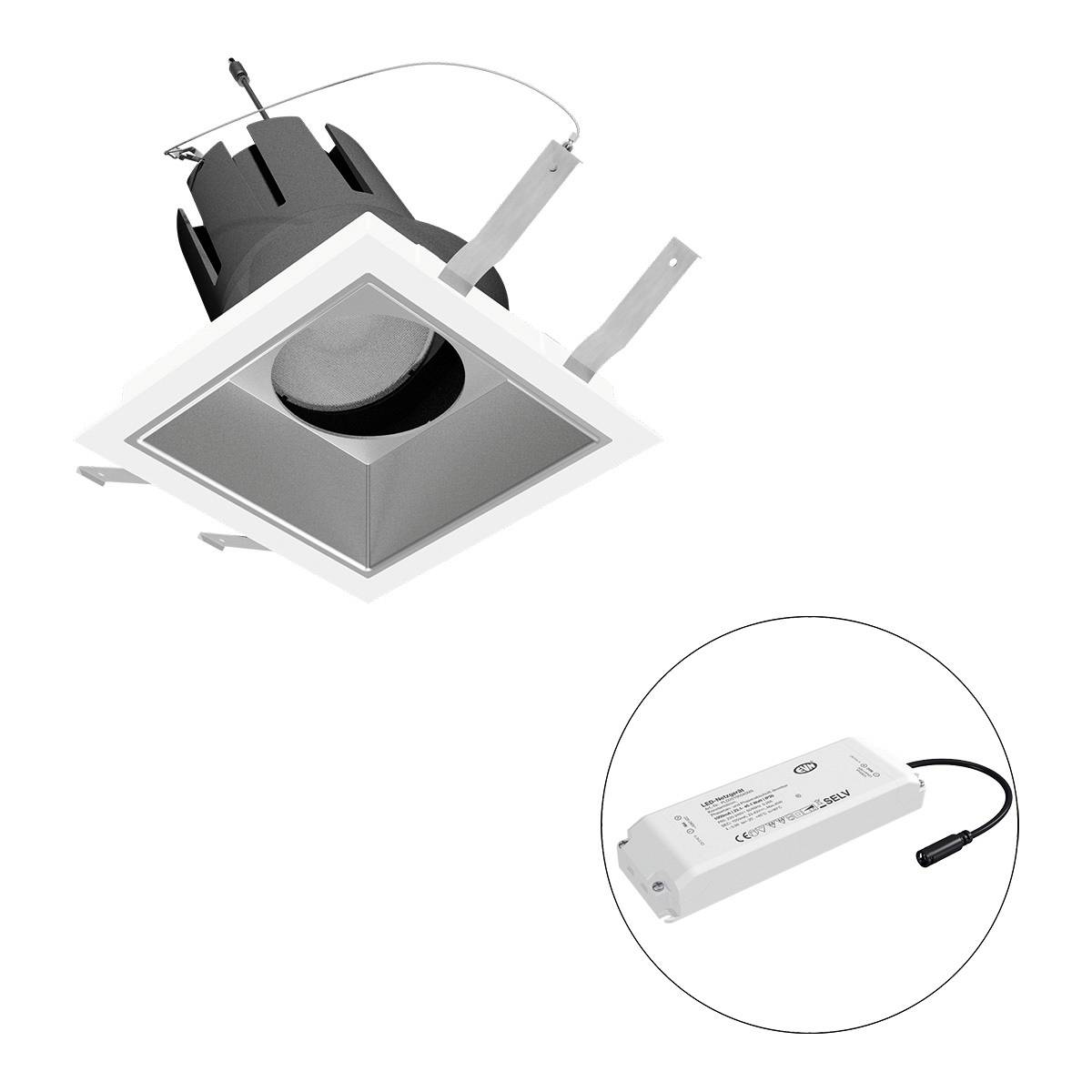 Quadratischer LED-Einbauspot mit schwarzem Lampenkörper und separatem rechteckigem Treiber. Geeignet für integrierte Deckeninstallationen.