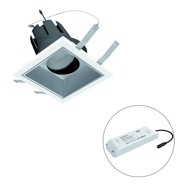 Quadratische Einbauleuchte mit LED-Treiber für Deckeneinbau. Gezeigt in Perspektive mit einem separaten Nahschuss des Treibers.
