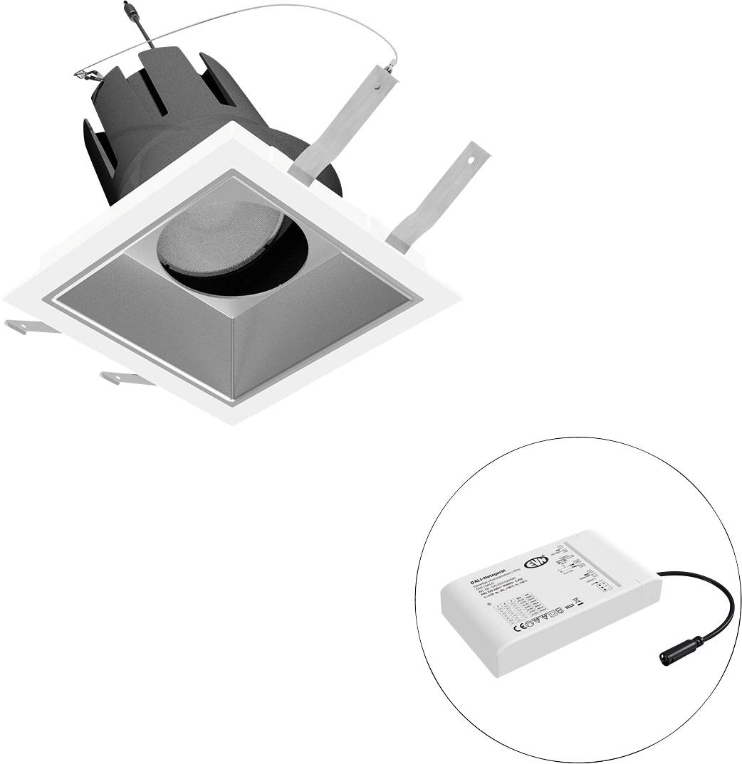 Einbauleuchte mit viereckigem Rahmen, verbunden mit einem weißen rechteckigen Stromadapter, auf weißem Hintergrund gezeigt.