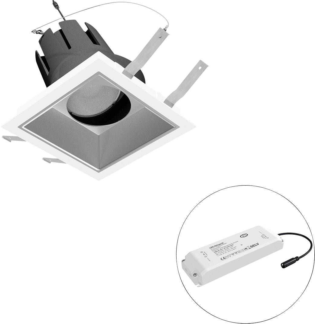 Quadratische, versenkte Deckenleuchte mit Fernbedienung des Treibers, dargestellt in der Vergrößerung, die das Licht und seine Stromversorgungskomponenten zeigt.