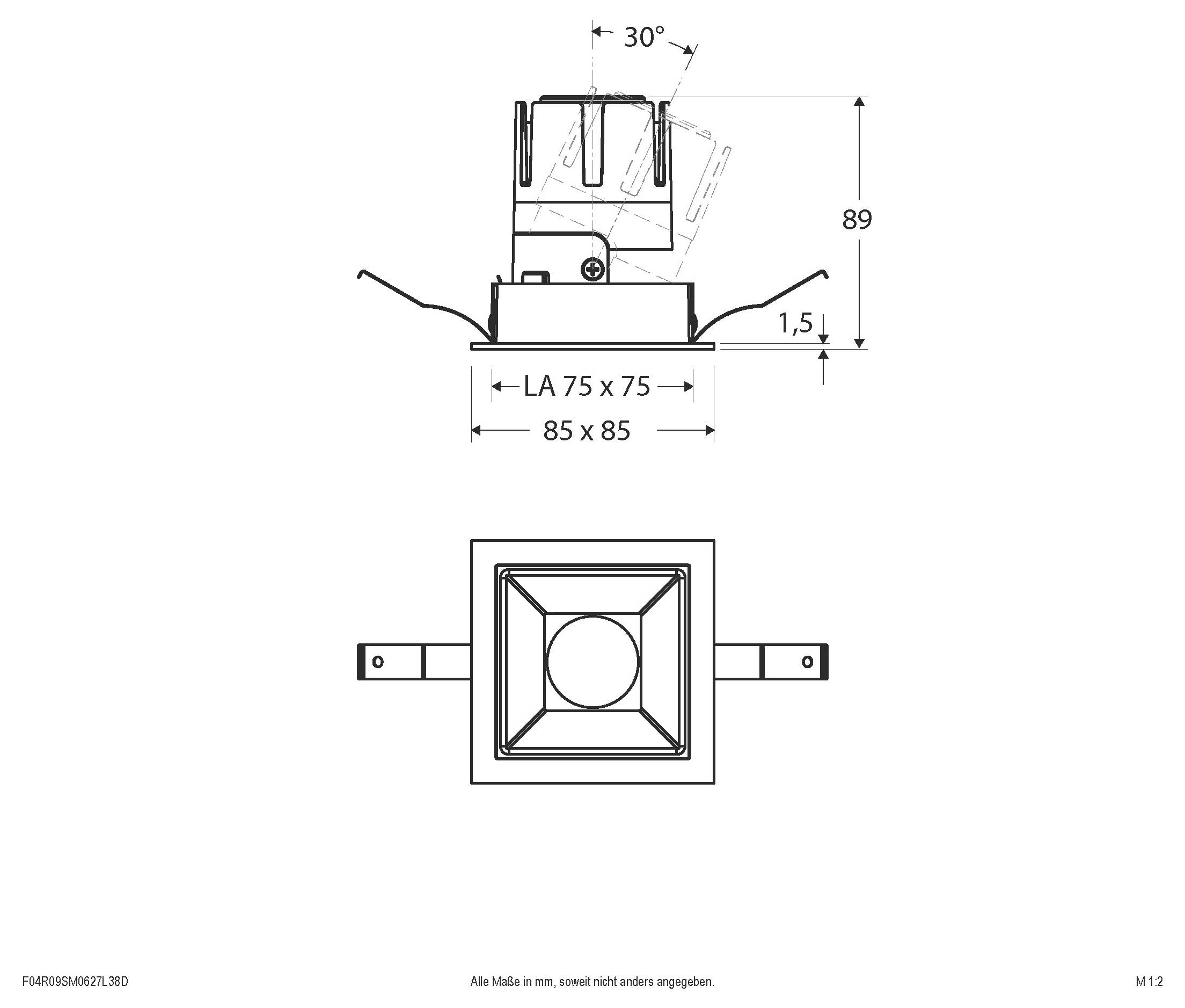 Technische Maßzeichnung einer quadratischen Einbauleuchteinrichtung mit Seiten- und Draufsicht mit den Abmessungen 89, 85 x 85 und 75 x 75 mm sowie einem Neigungswinkel von 30°.
