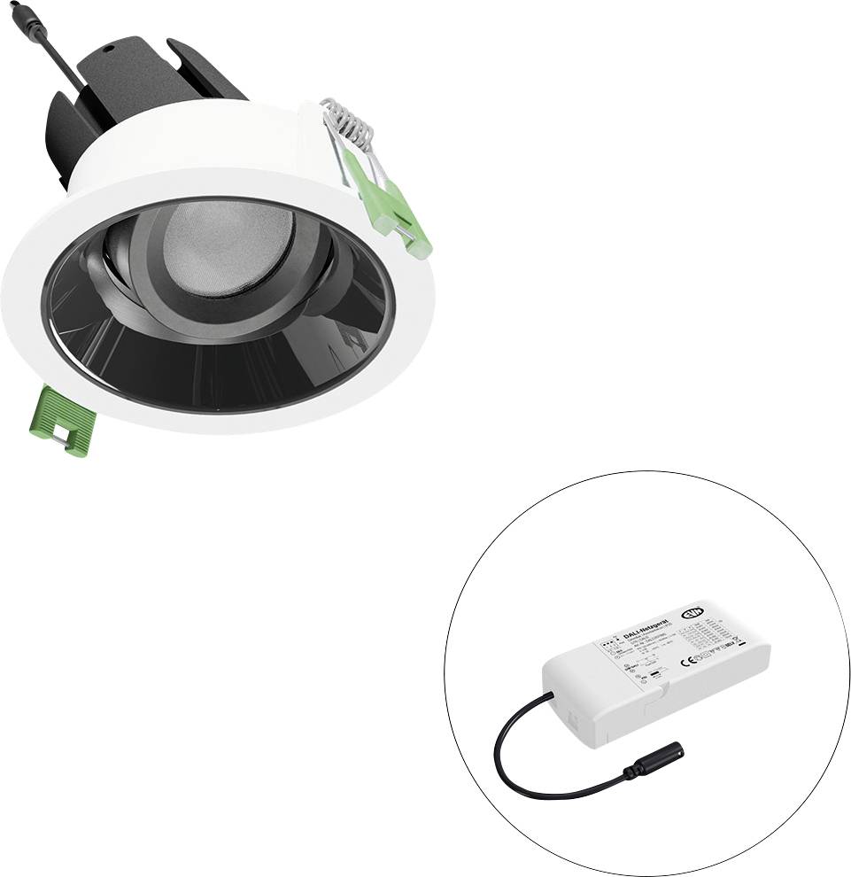 Eingebauter LED-Einbaustrahler mit Befestigungsclips, plus separate Treiber-Stromversorgung in einem Insetkreis dargestellt.