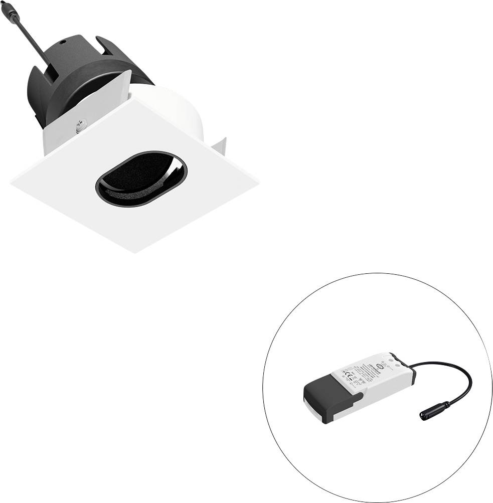 Eingebaute quadratische Deckenleuchte mit schwarzer Blende, gezeigt mit einem separaten LED-Treiber in einer kreisförmigen Legende.