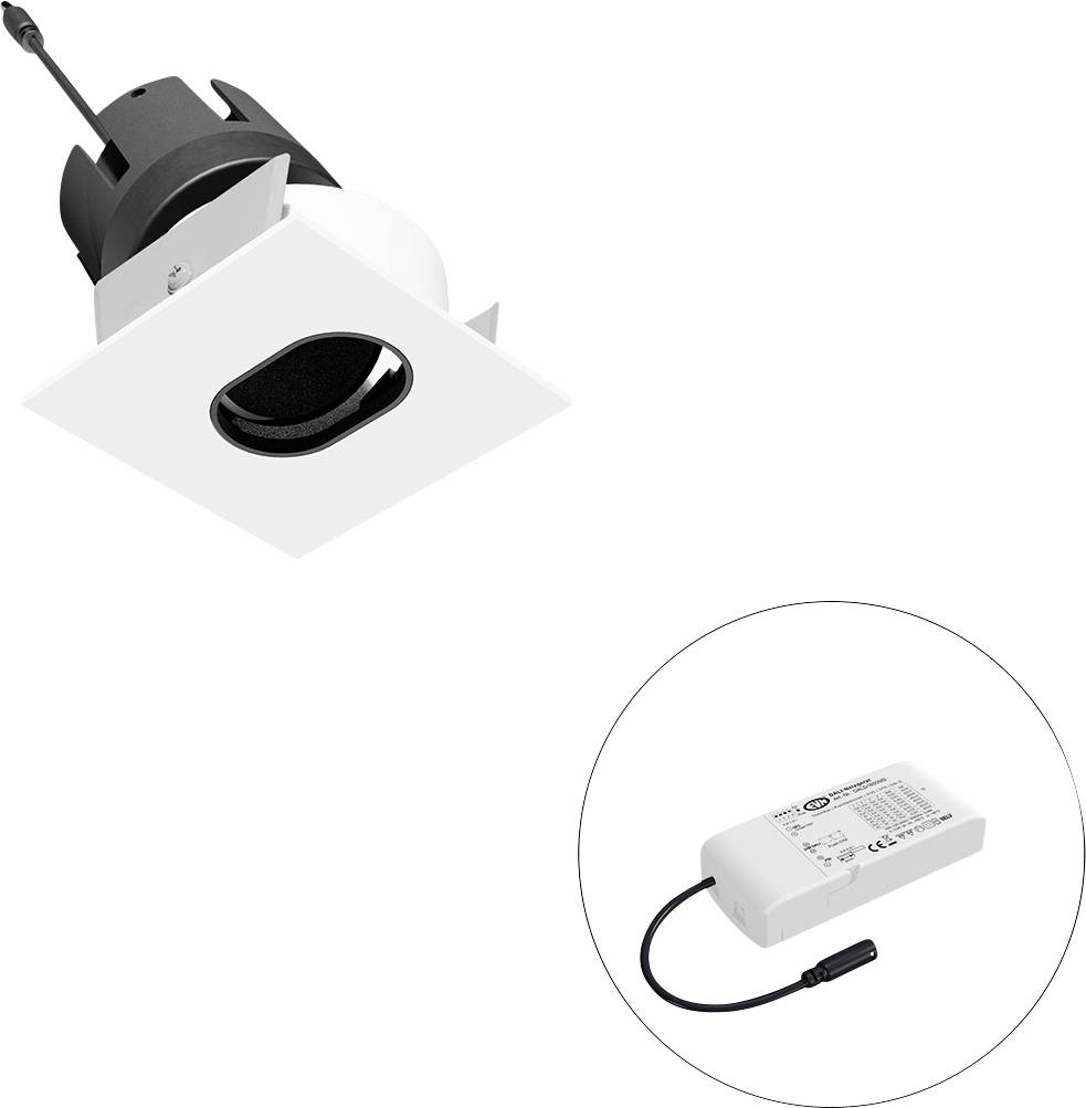 Quadratischer, weißer LED-Deckeneinbaustrahler mit schwarzem Innenrahmen, daneben ein externes Netzteil abgebildet.