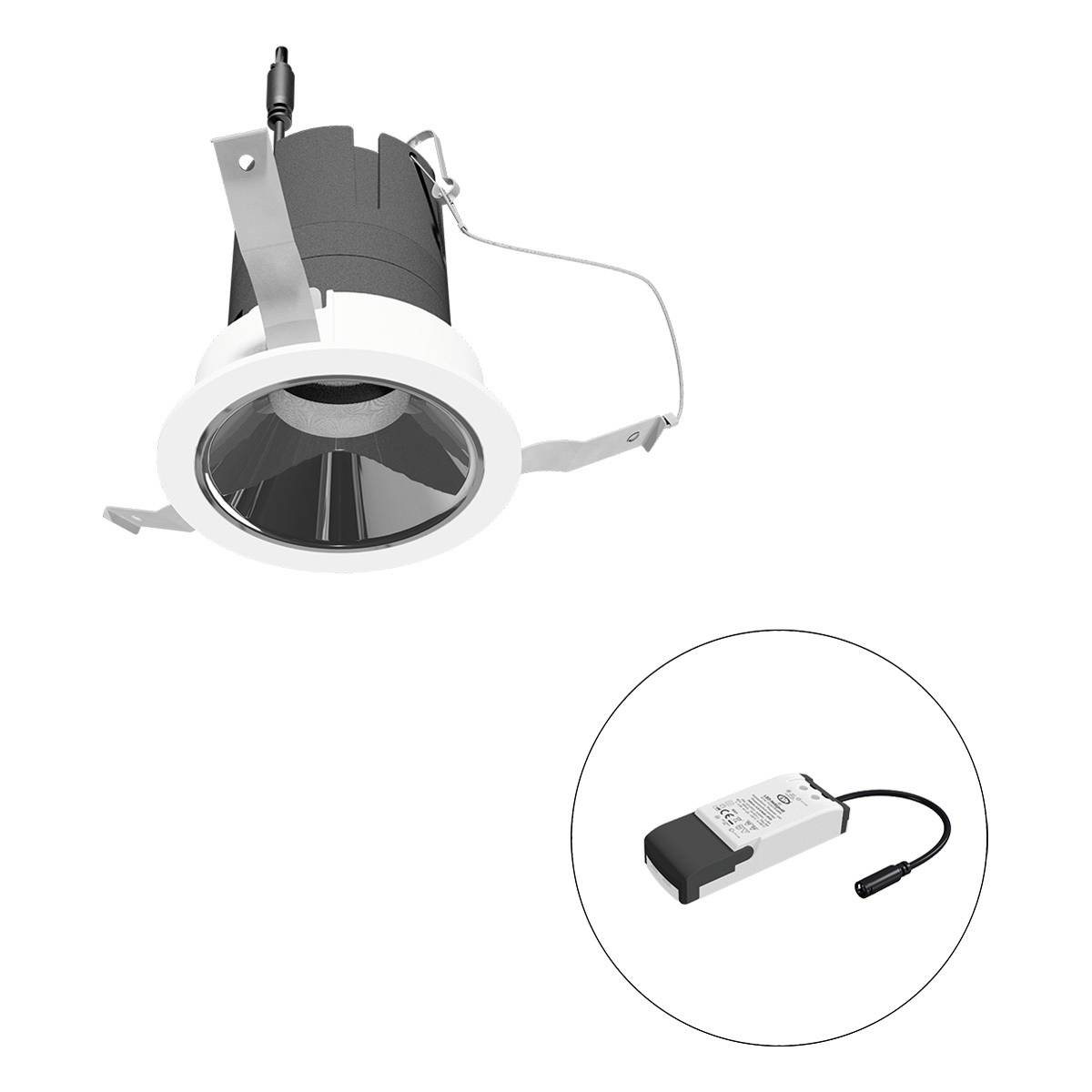 Deckeneinbauleuchte in metallischem Gehäuse mit rundem Diffusor. Beiliegendes Netzteil im separaten Kreis abgebildet.