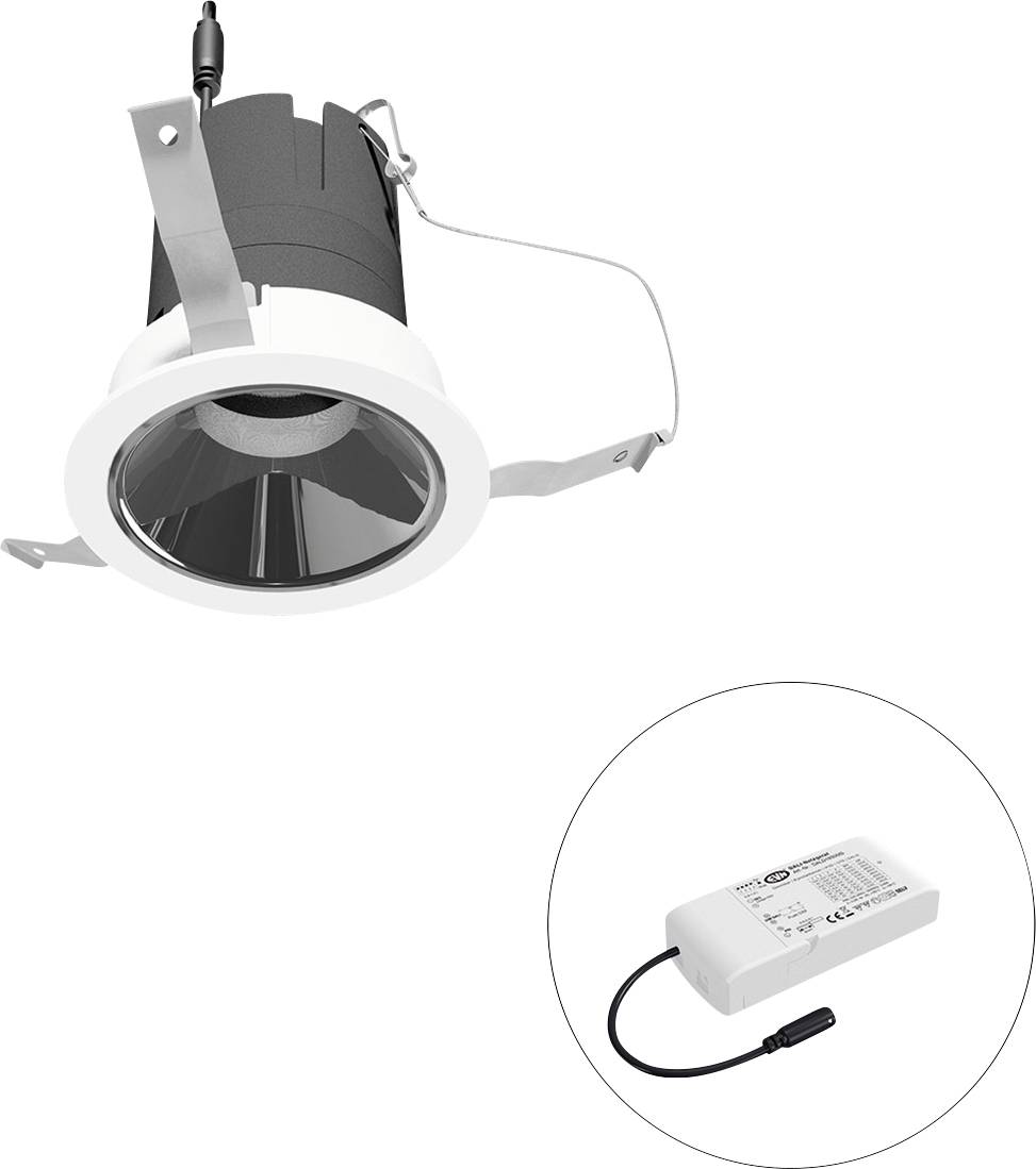 Eingelassene LED-Einbauleuchte mit Federclips und separatem Treiber in einem Ausschnittkreis dargestellt.