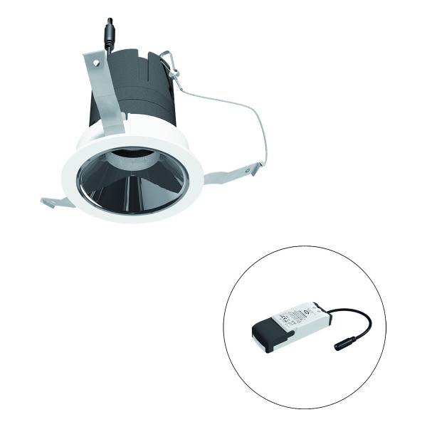 Ein runder, einbaubarer LED-Spotstrahler aus Metall mit Kabel zeigt ein modernes Design. Daneben ist ein rechteckiges Netzteil abgebildet.