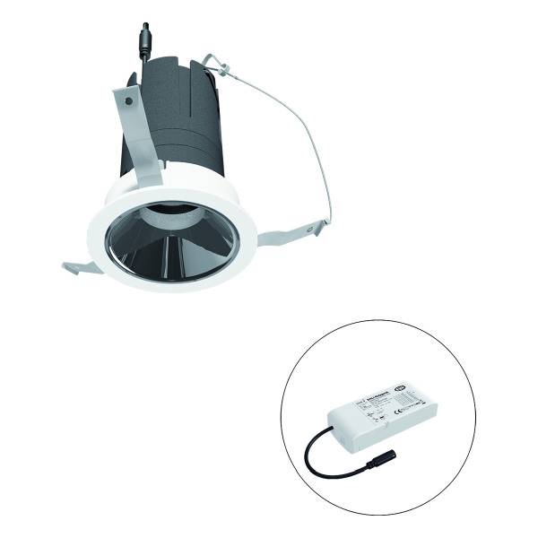 Ein Deckenstrahler mit modernem Design und einer Kabelbox. Geeignet für Bürobeleuchtung. Farbton ist weiß mit schwarzem Gehäuse.