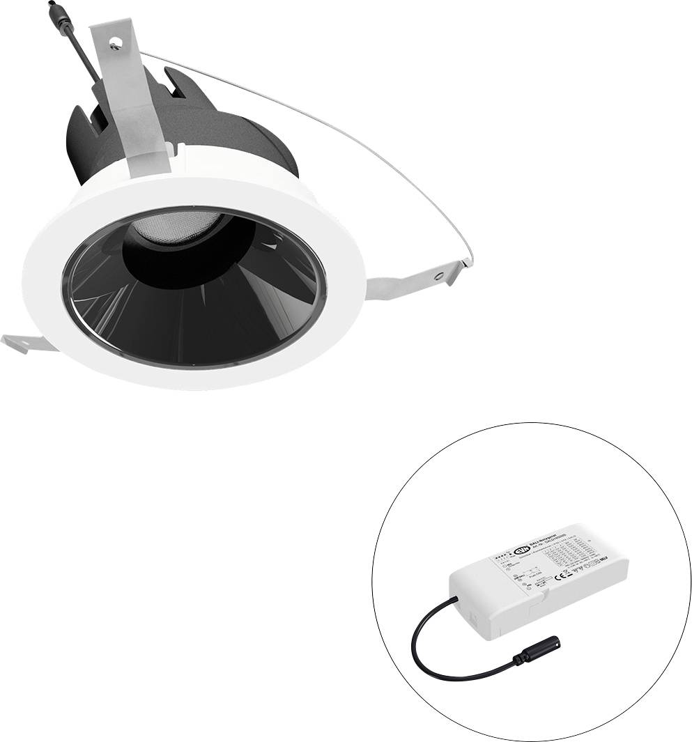 Weiße eingelassene LED-Deckenleuchte mit Federklammern und separatem Stromtreiber in einer kreisförmigen Einfassung gezeigt.