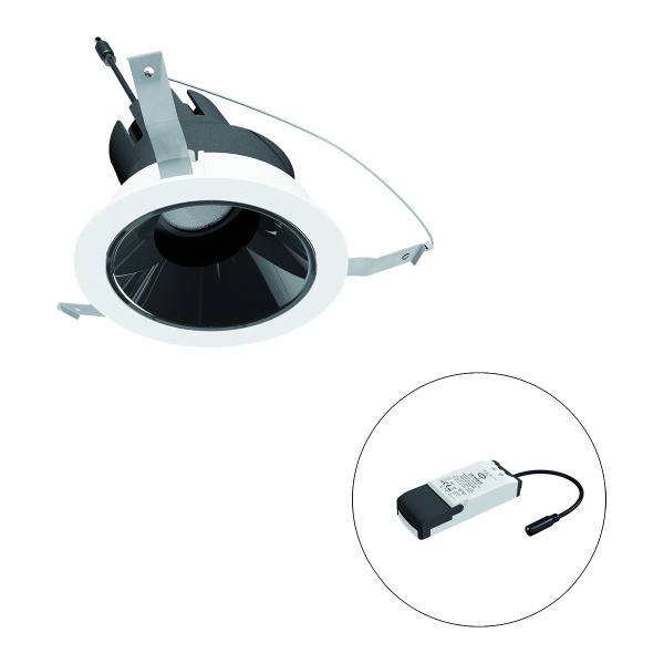 Einbauleuchte und zugehöriger Treiber. Die Leuchte hat einen weißen Rand und reflektierende Innenfläche, mit Kabel und Halterung.