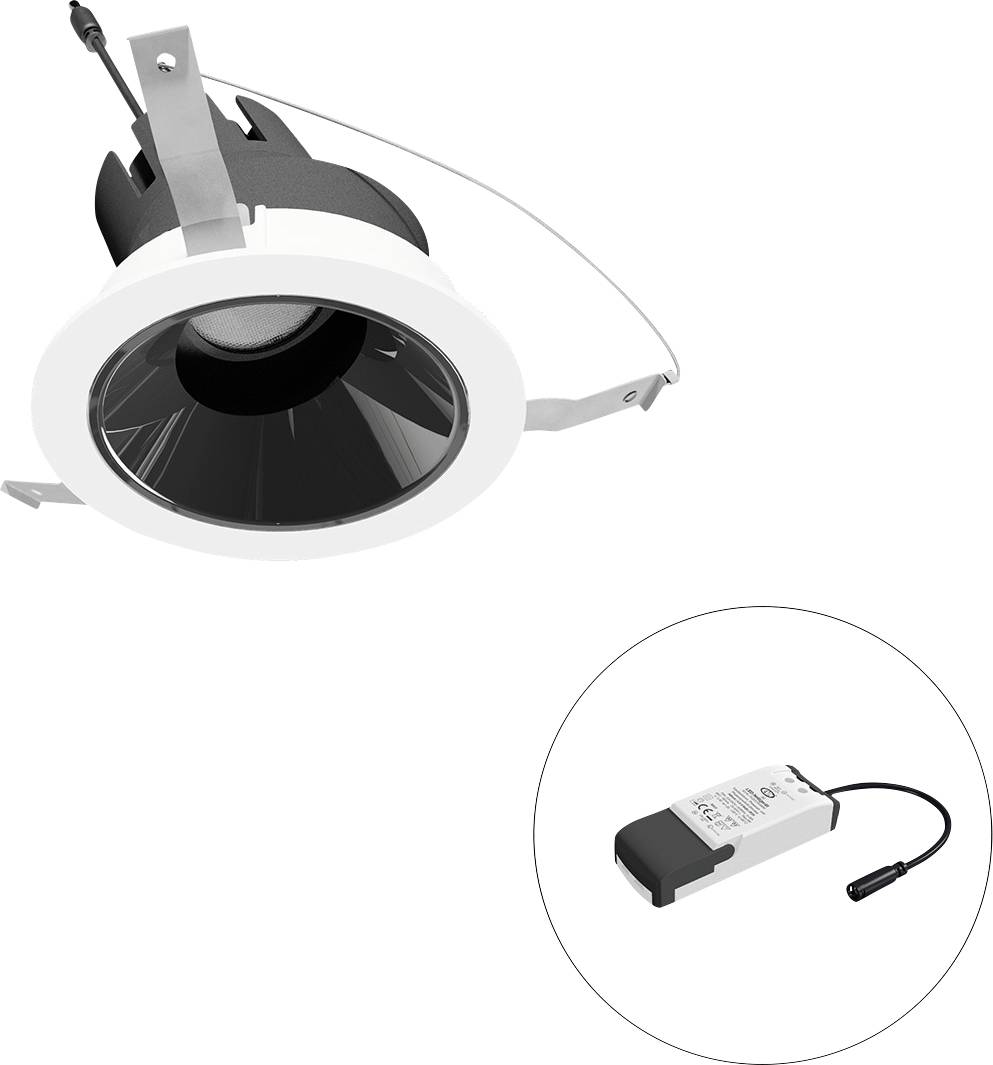 Eingelassene LED-Deckenleuchte mit integriertem externem Treiber, dargestellt mit Verdrahtung und Befestigungsclips auf weißem Hintergrund.