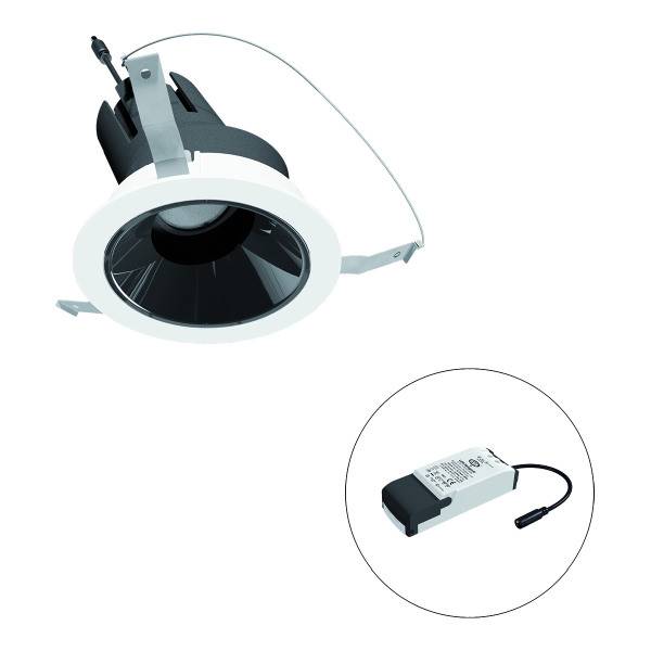 Einbau-LED-Spot mit weißem Rahmen und externem Netzteil, verbunden durch ein Kabel. Zur Verwendung in Deckenverkleidungen.