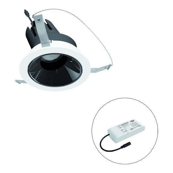 Decken-Downlight mit schwarzem Reflektor und weißem Rahmen, abgebildet mit separatem Netzteil. Ideal für Innenbeleuchtung.