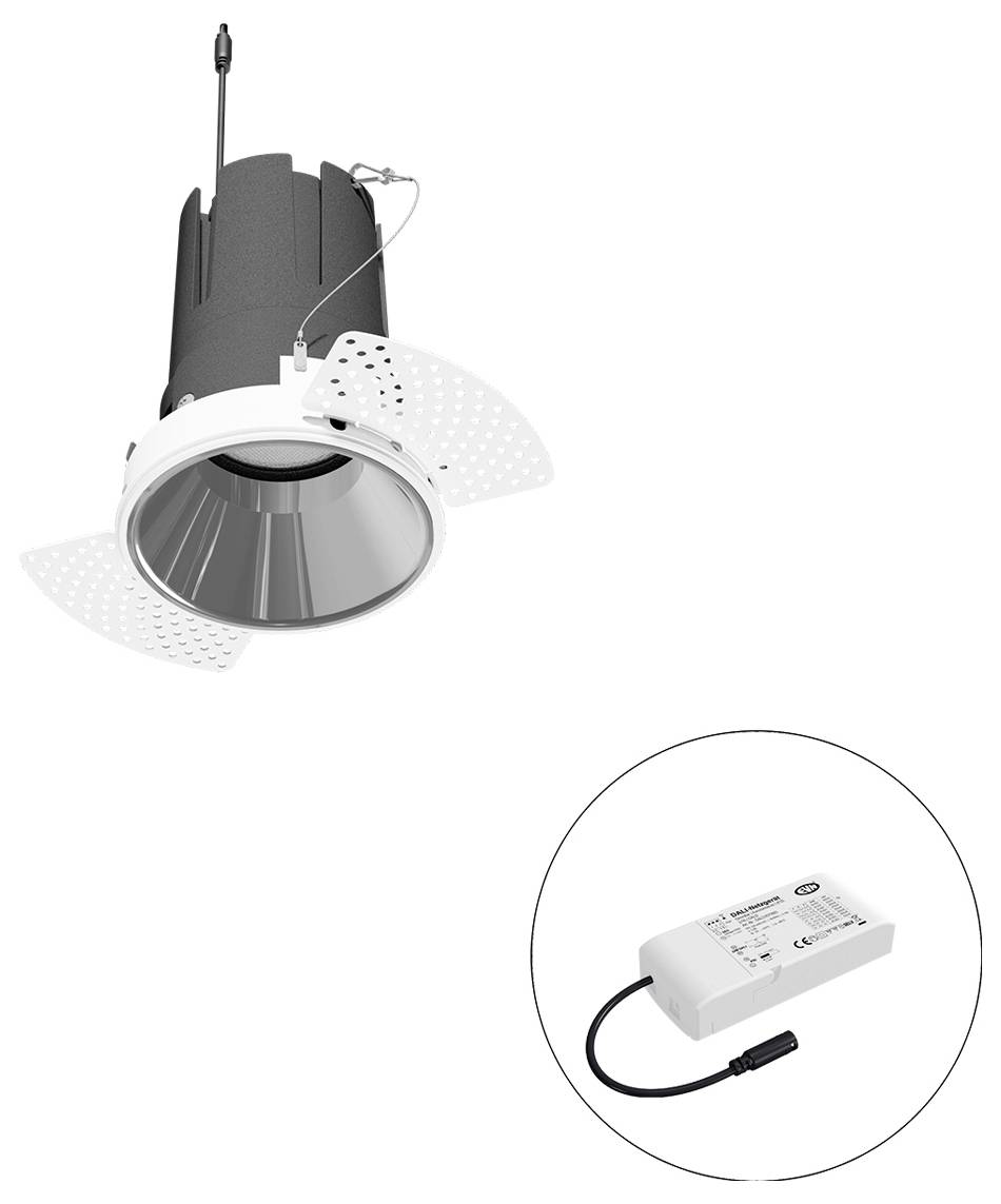Eingelassener Deckenspotlight mit verstellbarem weißem Rahmen und separatem rechteckigem LED-Treiber, gezeigt in einem eingefügten Kreis.
