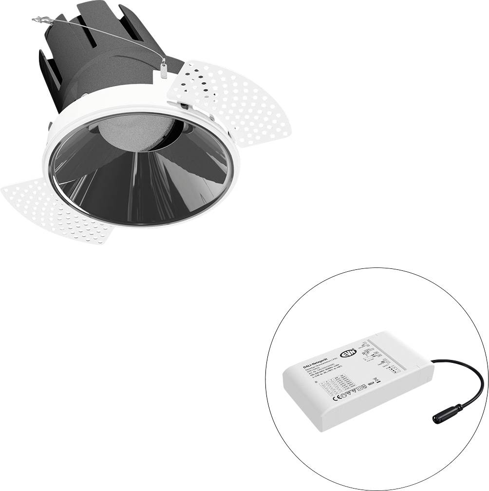 Bündige verstellbare Deckenleuchte mit weißem Rahmen und durchlöcherten Federklammern, dargestellt mit ihrem rechteckigen LED-Treiber/Netzteil in einer Vertiefung.