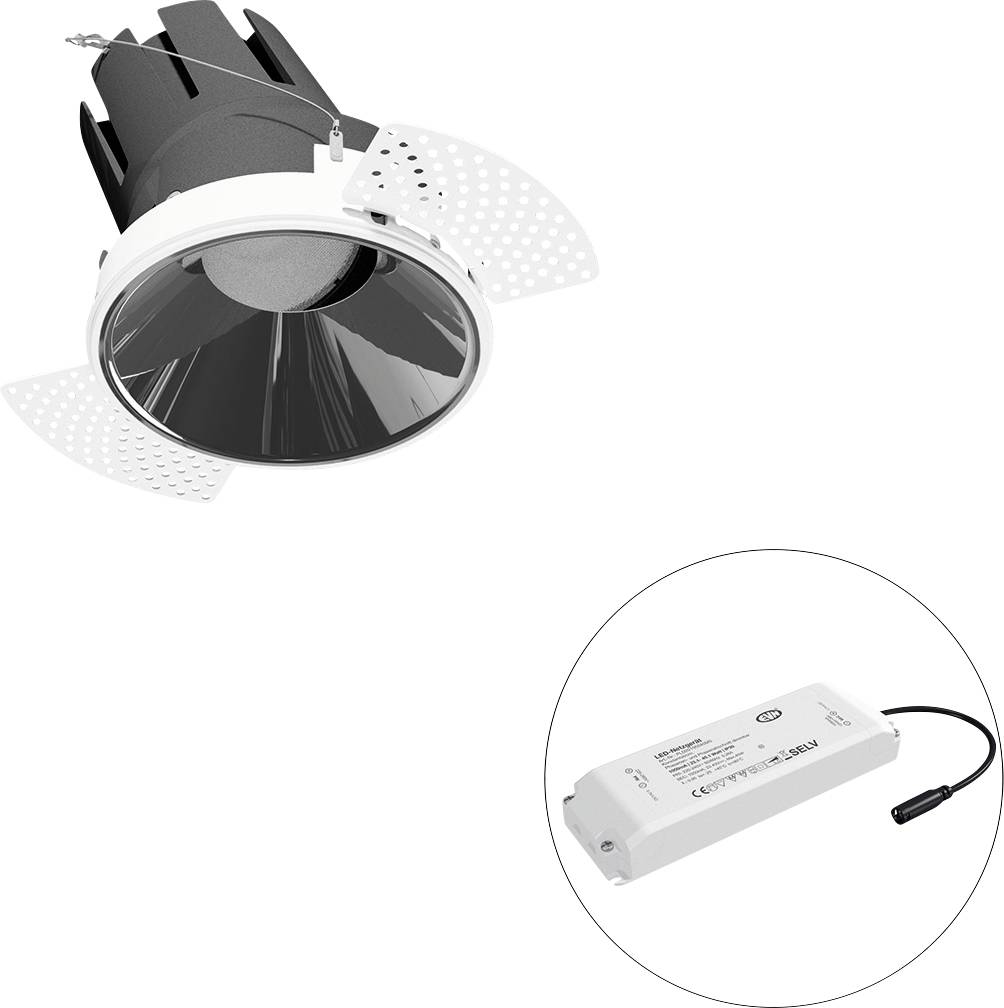 Eingelassene Downlight-Leuchte mit weißer Blende und perforierten Seitenlügeln, plus separates rechteckiges LED-Treibermodul mit angeschlossenem Kabel.