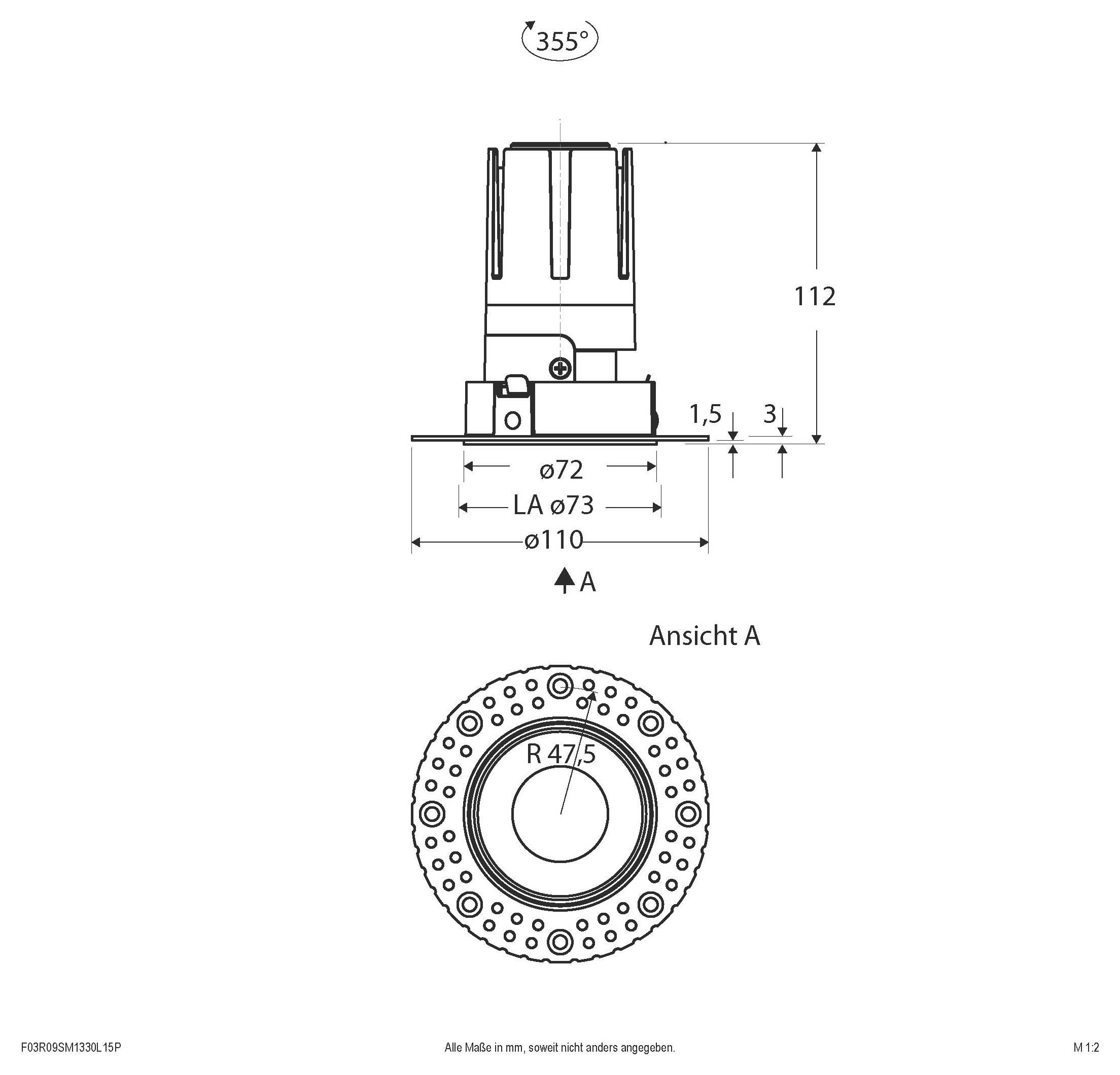 Technische Zeichnung einer runden Einbauleuchte mit Vorder- und Seitenansicht mit den Abmessungen 95 mm Höhe, 355° Rotation, 30° Neigung und Ausschnittsdurchmessern ø92 und ø104.