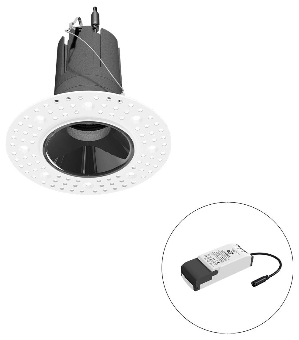Eingebauter LED-Einbaustrahler mit weiß perforiertem Zierring, mit separatem Treibermodul in einem Insetkreis dargestellt.