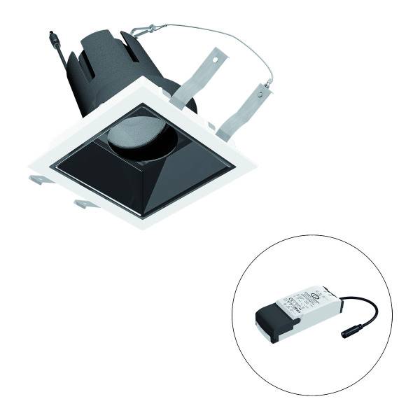 Square LED-Einbaustrahler in schwarzer Fassung mit abgebildetem Trafo im Kreis auf weißem Hintergrund.