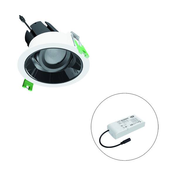 Ein LED-Downlight mit runder, weißer Einfassung und schwarzem Inneren, daneben ein separates rechteckiges, weißes Netzteil.