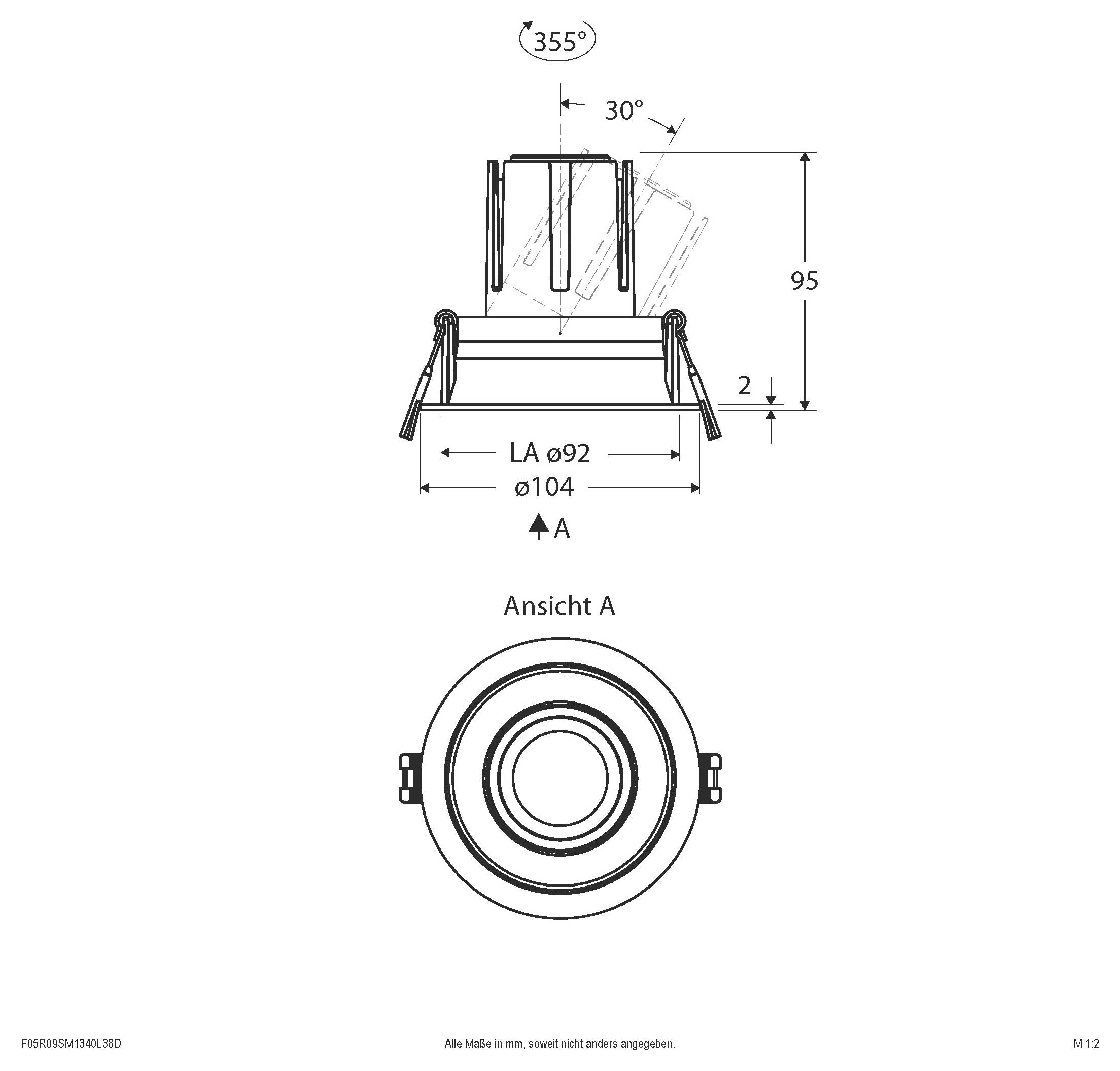 Technische Zeichnung eines zylindrischen Geräts, dargestellt in Seiten- und Draufsicht, mit Abmessungen von 140 mm Höhe, 355° Drehung und Durchmessern von 100/115 mm.