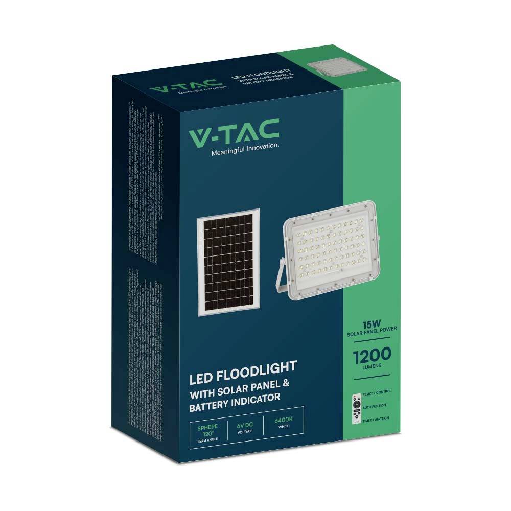 Verpackung einer LED-Flutlichter mit Solarpanel und Batterieanzeige. Leistung: 15W, 1200 Lumen. Modellnummer: VT-4808.