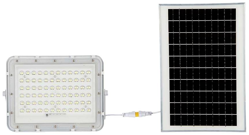 Solarlampe mit Panel für Außenbereich, links eine LED-Lampe mit vielen kleinen Leuchten, rechts ein rechteckiges Solarpanel.