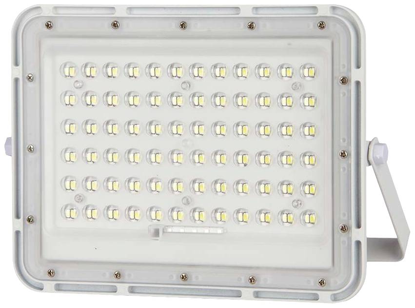 Ein rechteckiger LED-Strahler mit zahlreichen kleinen, hellen LEDs auf einem weißen Gehäuse, geeignet für Außenbeleuchtung.