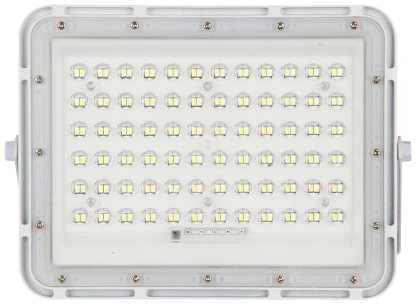 Ein rechteckiger LED-Strahler mit mehreren Reihen kleiner, gelber LED-Lichter hinter einer transparenten Abdeckung.