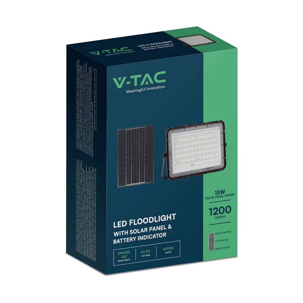 V-TAC VT-120W 7825 LED-Flutlichtstrahler, Solarmodul 15W Kaltweiß Schwarz