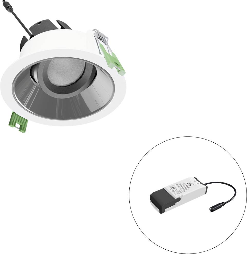 Eingelassene LED-Downlight mit separatem Treibermodul, dargestellt in einem Insetkreis, das die Leuchte und ihre Stromversorgungskomponente veranschaulicht.