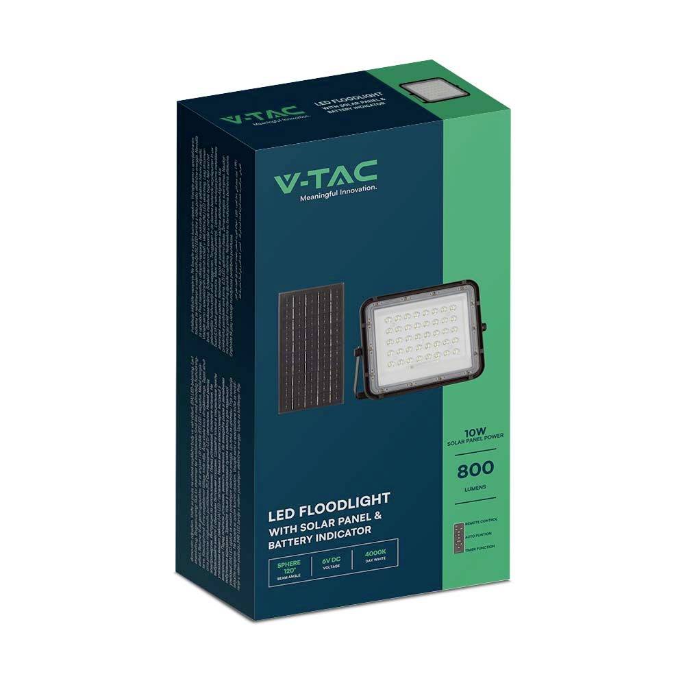 Kartonschachtel für LED-Flutlicht mit Solarpanel und Batterieanzeige; blau-grün mit Abbildung von Licht und Solarpanel; 800 Lumen, 10W.
