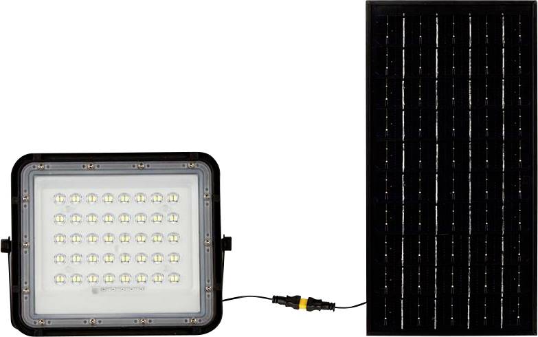 LED-Lampe mit Solarpanel verbunden. Die Lampe hat mehrere LEDs und wird von einem rechteckigen Solarpanel mit Strom versorgt.