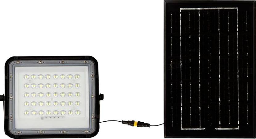 Ein LED-Scheinwerfer ist über ein Kabel mit einem Solarpanel verbunden. Der Scheinwerfer hat 40 LEDs und eignet sich für Außenbeleuchtung.