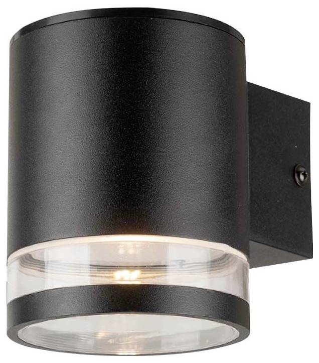 Eine moderne schwarze Wandlampe mit zylindrischem Design leuchtet schwach. Befestigt an einer Wandhalterung, ideal für Außenbereiche.