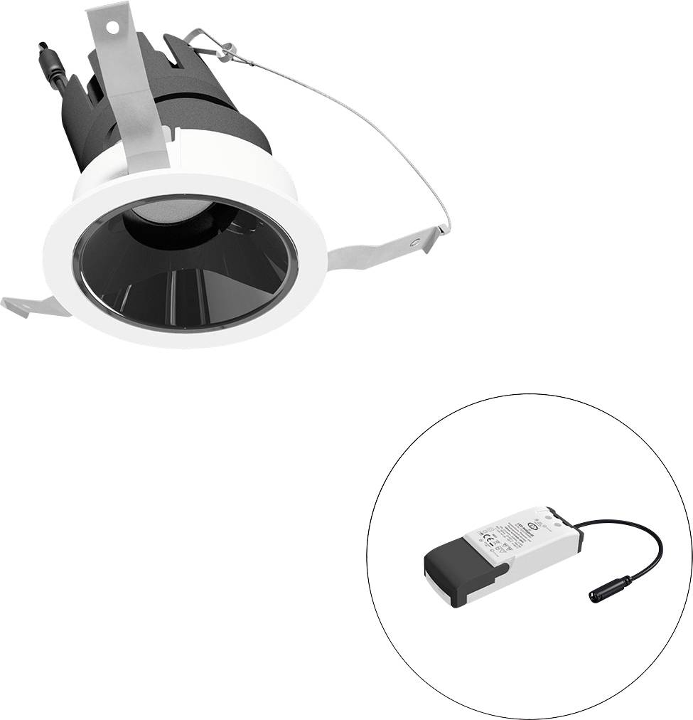 LED-Einbaustrahler mit Befestigungsclips, dargestellt mit seinem externen Treiber in einem eingefügten Kreis.
