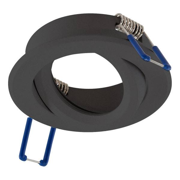Schwarzer LED-Einbauring mit metallischen Federn und blauem Griff, geeignet für Deckenleuchtenmontage.