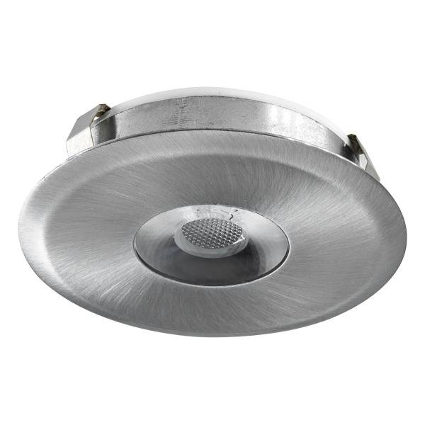 Runde Deckenleuchte mit silberner Metalloberfläche und zentralem Glaselement.