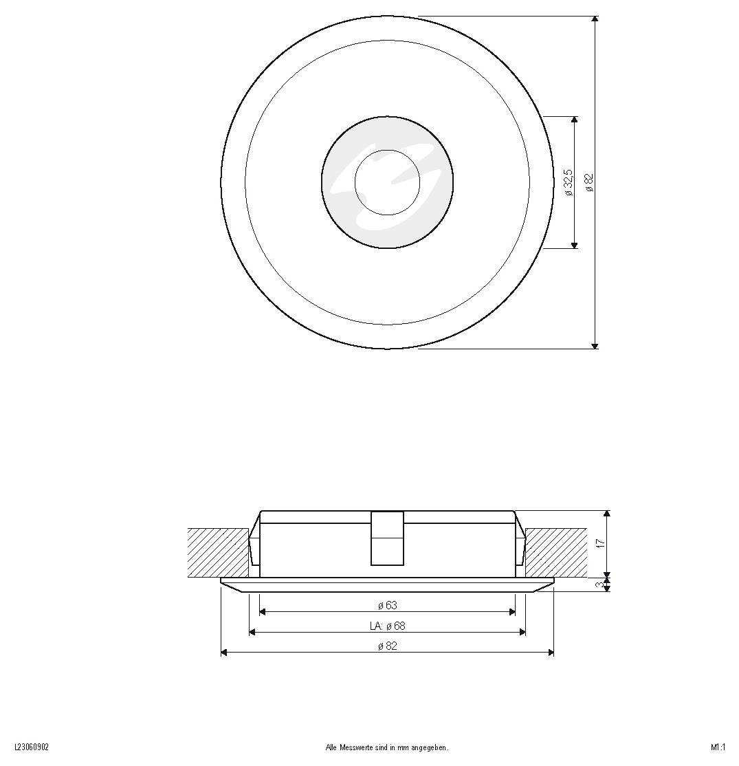 Technische Zeichnung eines kreisförmigen mechanischen Bauteils mit Draufsicht und Seitenansicht mit Durchmesser- und Längenbemaßungen in Millimetern.