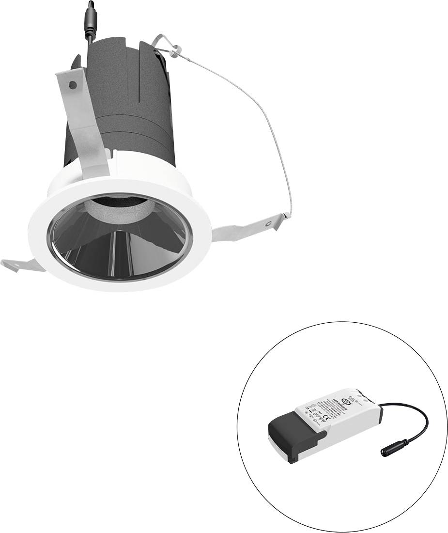 Eingebaute LED-Downlight-Leuchte mit Befestigungsclips, dargestellt mit externem Treiber/Netzteil in einem eingekreisten Detail.
