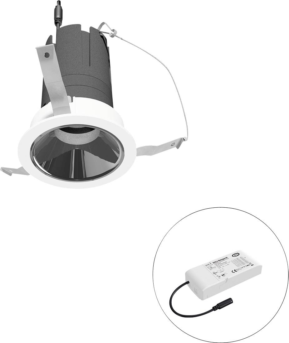 Eingebauter Deckenspot mit verstellbaren Federclips, dargestellt mit seinem LED-Treiber in einem eingefügten Kreis.