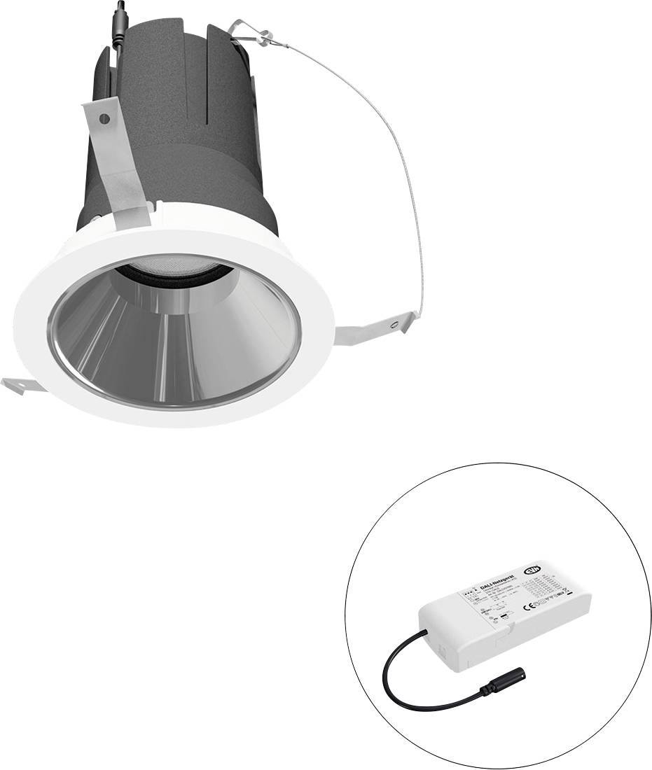 Eingebaute Downlight-Leuchte mit einem separaten LED-Treiber, dargestellt in einem Inset-Kreis.