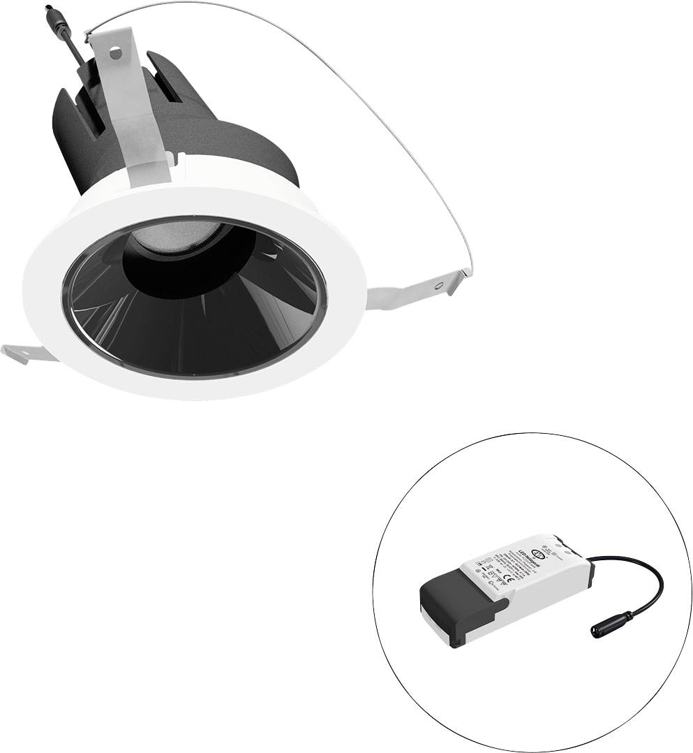 Eingelassene LED-Einbauleuchte mit einem Remote-Treiber, dargestellt in einer Kreiseinfassung, die das Leuchtenelement und sein Stromversorgungsmodul zeigt.